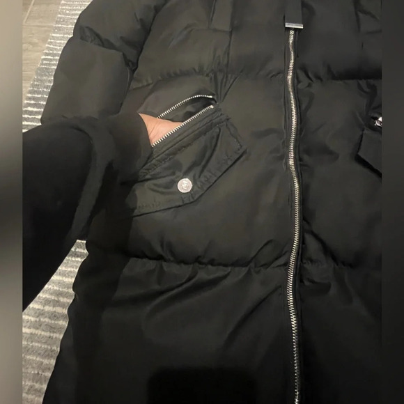 Saint & Sinner black long puffer coat with hoodie, size Small - Picture 8 of 12